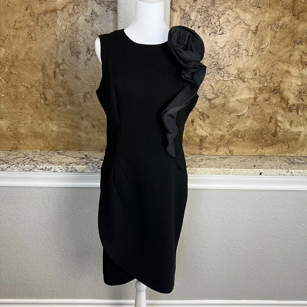 Teri Jon‎ Rickie Freeman Dress Womens 10 Black Sleeveless Ruffle Silk Cocktail